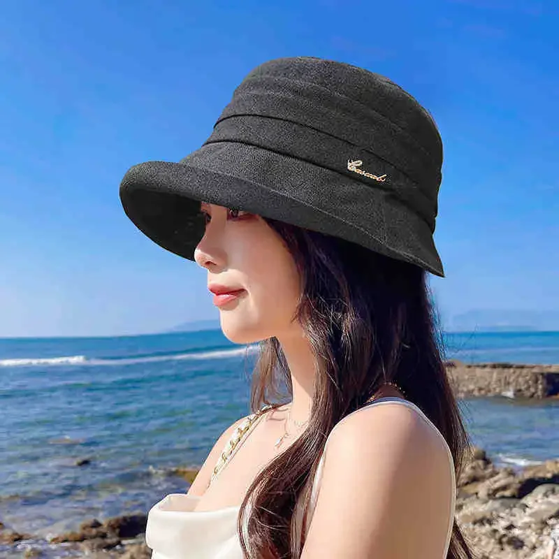 Womens Wide-Brim Linen Breathable Sun-Hat Travel Beach-Hat UV Protection Bucket Hat for Outdoor