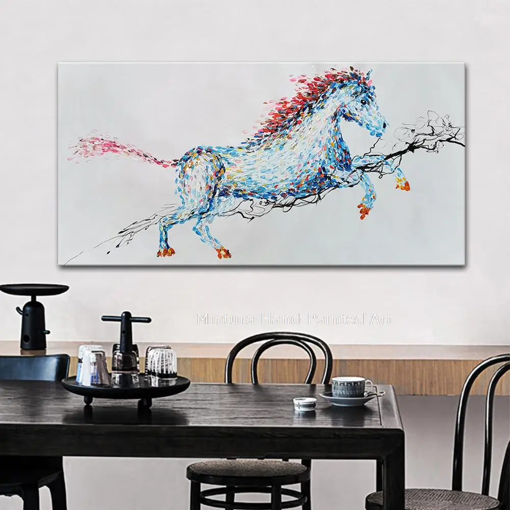 Handmade Hand Painted Galloping Horse Happiness Watery Blue Abstract Wall Art,Picture Oil Painting Canvas,Living Room Home Decor