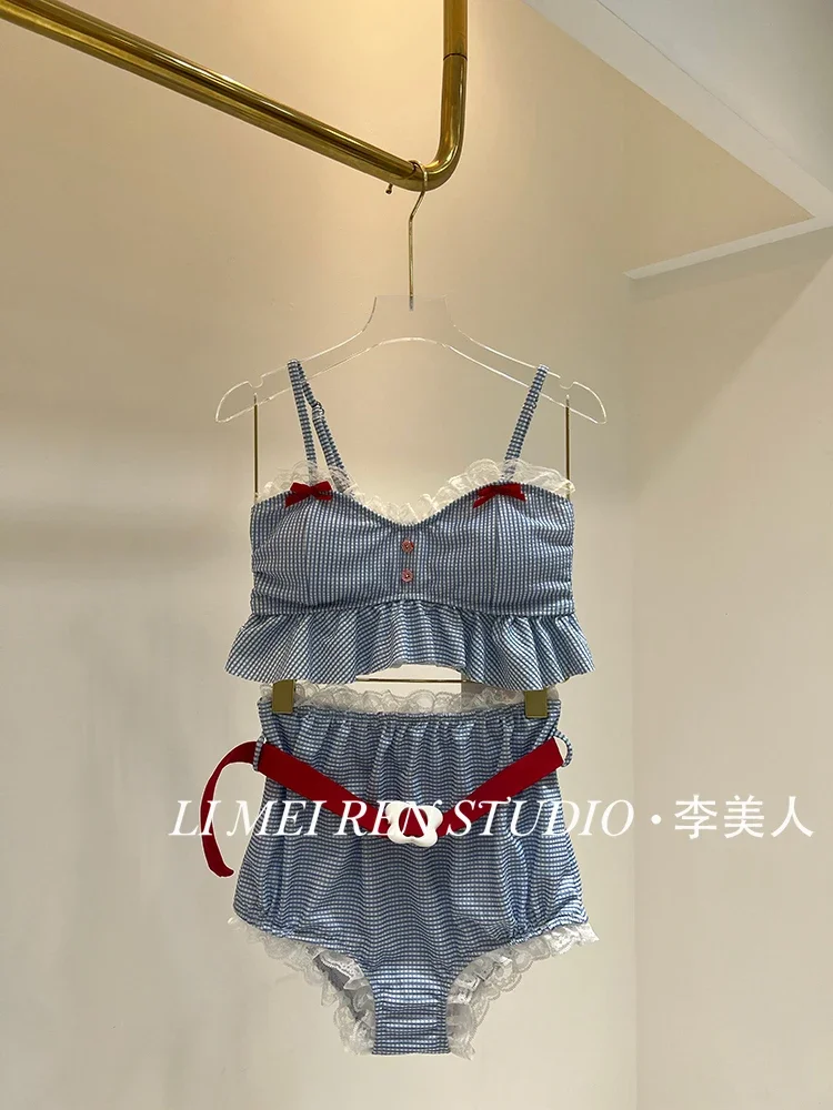 New Sweet blue checkered bikini high waist split swimsuit