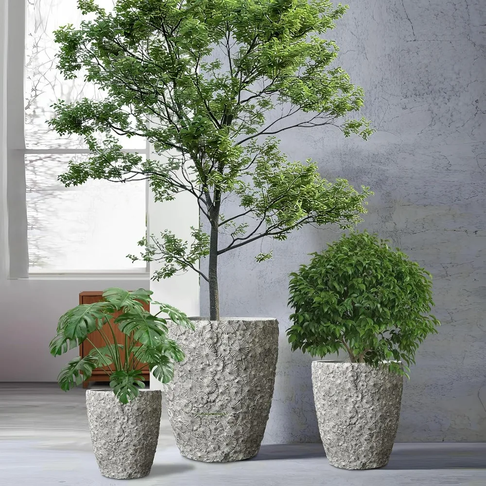 Duży zestaw 3 okrągłych betonowych doniczek do użytku na zewnątrz/wewnątrz z otworami drenażowymi, odpowiedni do doniczek o średnicy 16, 12 i 10 cali.