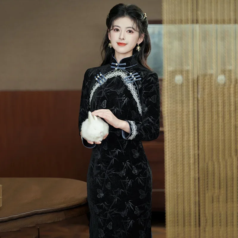 

Черное длинное платье Cheongsam в китайском стиле 2024, новое модное осенне-зимнее платье с длинными рукавами в стиле ретро для молодых женщин Qipao
