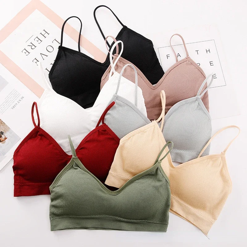 

Threaded Spaghetti Straps, Beautiful Back-wrapped Bra, No Rims, Anti-exposure Bottoming V-neck Women's Camisole Bra Wholesale