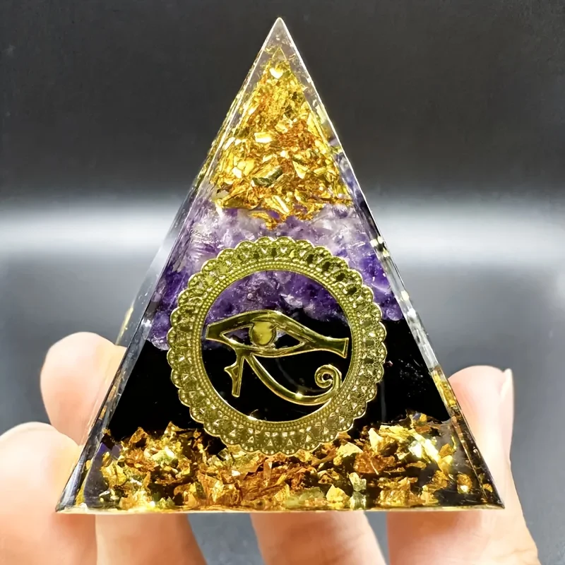 One crystal Oggen pyramid, Egyptian eye Oggen pyramid, obsidian purple crystal pyramid decorative piece, office desk decoration
