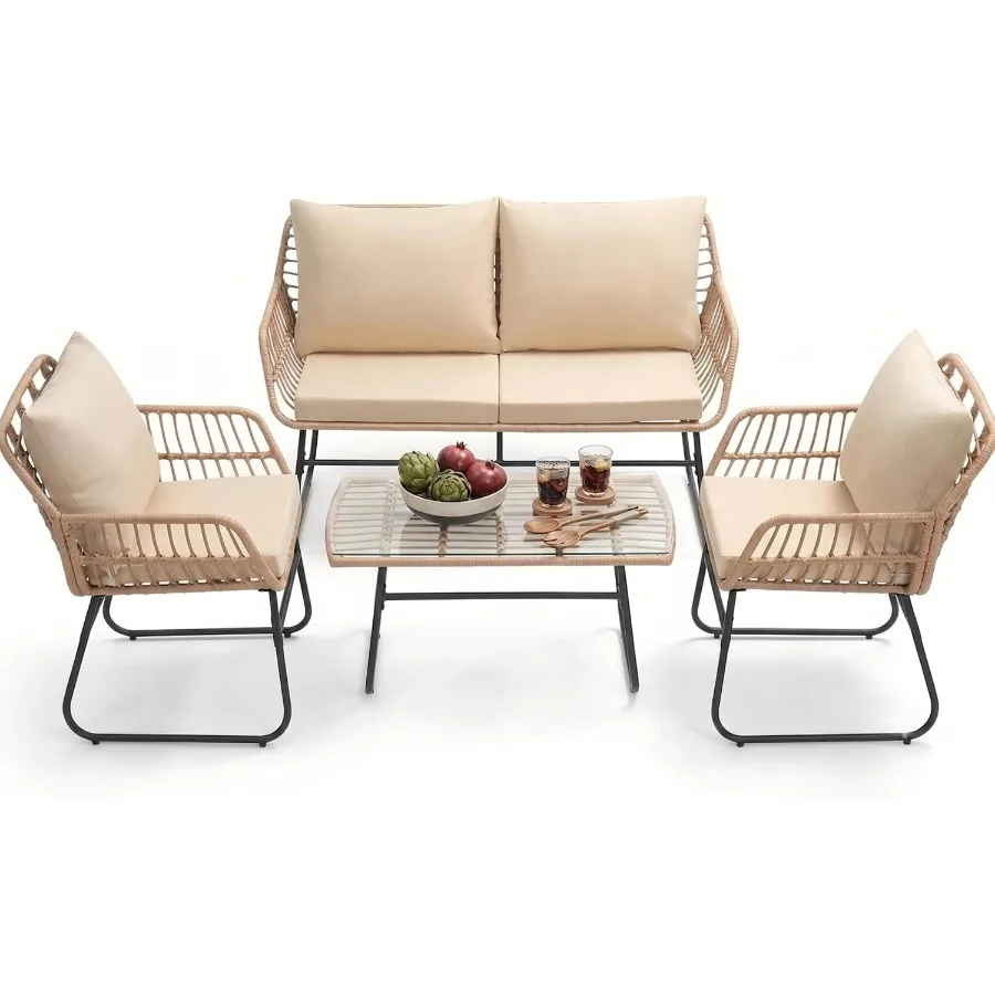 4-Piece Outdoor Patio Furniture Set for backyard use, made of weather-resistant PE rattan in gray, featuring stackable design a