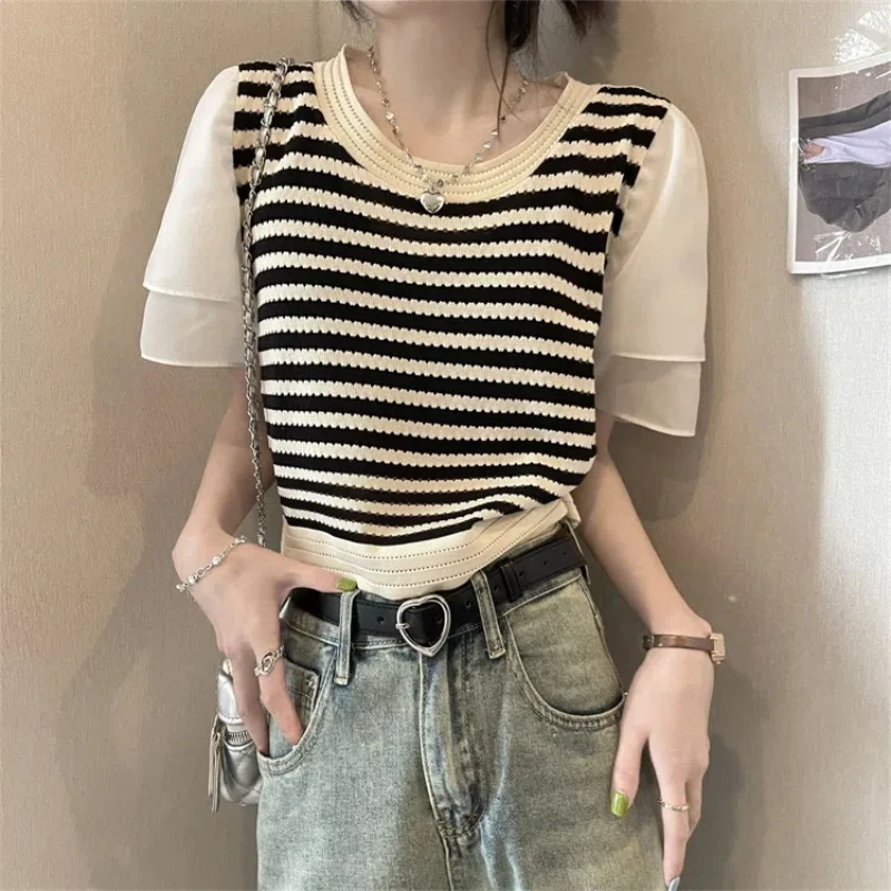 Ruffles Patchwork Knitting Short T Shirts Summer New Short Sleeve Striped Loose Vintage Tops Tees Sweet Fashion Women Clothing