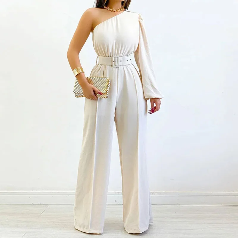 Elegant One Shoulder Sleeveless Wide Leg Romper New Fashion Casual Solid One Pieces Playsuits 2023 Woman Long Pants Jumpsuits