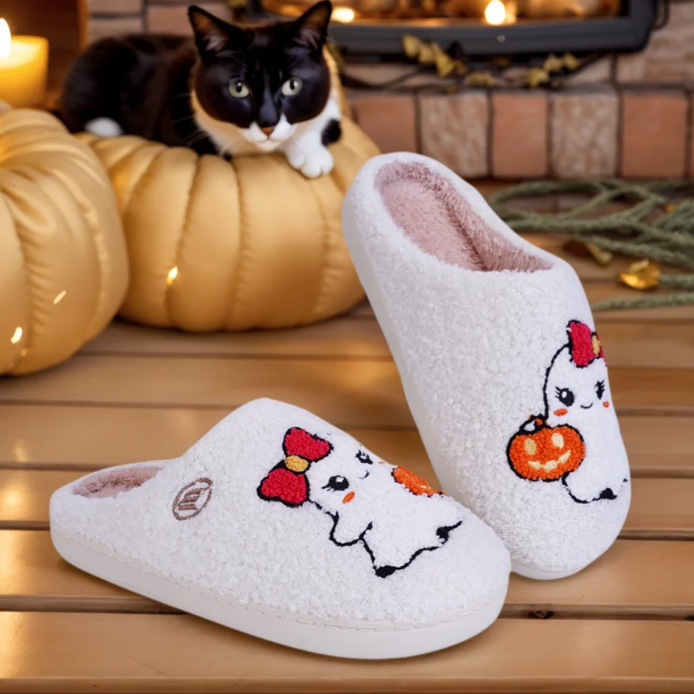 Autumn Winter Halloween Slippers Women Black Cat Pumpkin Cute Ghost Plush Slippers Fluffy Comfortable Warm Indoor Home Slippers