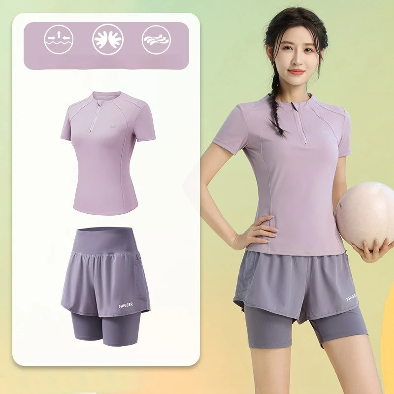 Summer Women's 2 PCS Running Suits Short Sleeve Half Zip Top Pleated Skort Quick Dry Workout Gym Fitness Sports Training Gear