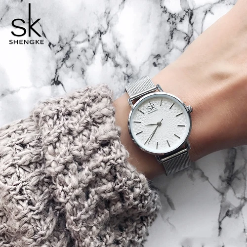 Relojes SK de cuarzo de acero inoxidable de malla plateada súper delgada, reloj informal de lujo de marca superior para mujer, reloj de pulsera para mujer, reloj femenino
