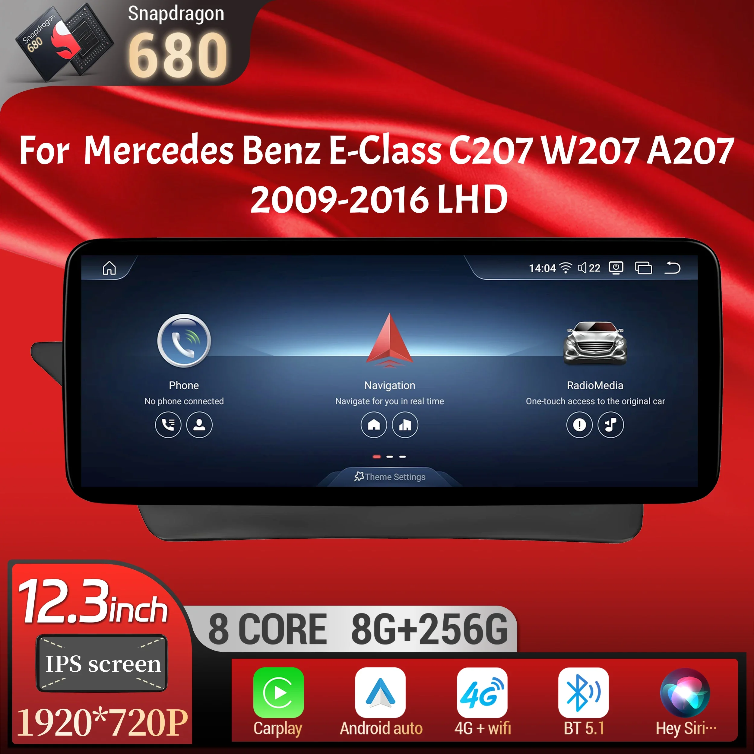 

12.3"Left Hand Drive Car Radio For Mercedes Benz E-Class C207 W207 A207 2009-2016 Android 14 BT Carplay Snapdragon 680 Screen