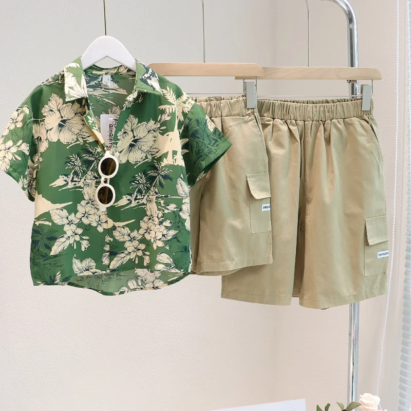 Adult Kids Print Leaf Blouse+Shorts Suit for Family Beach Vacation Tour Matching Clothes Outfits Mom Dad Girls Boys Clothes Set