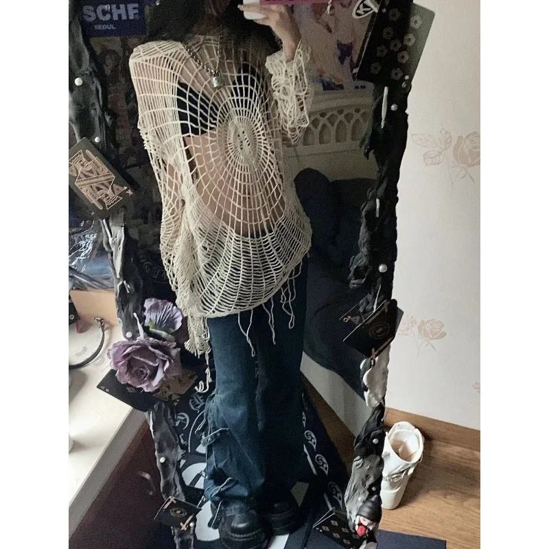 Sweater Coat Solid Color Pullover Fashion Casual Spider Web Hollow Hole Hooded Sweater Top