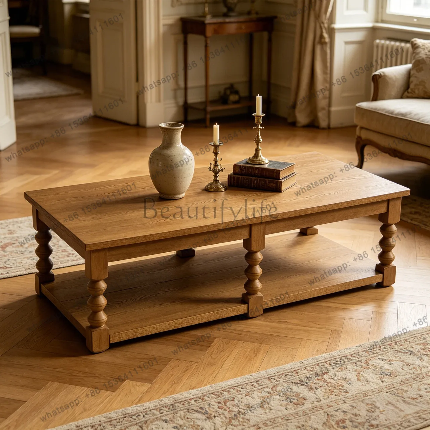 French vintage solid wood carved coffee table, living room rectangular double-layer storage coffee table