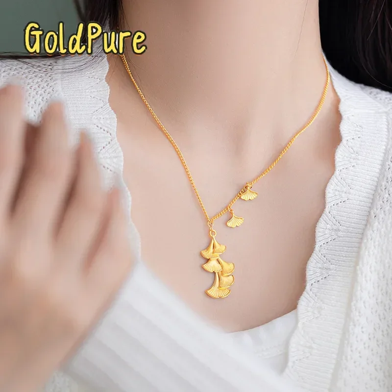 

Goldpure Luxury 24K 9999 Pure Gold real gold Ginkgo Leaf Pendant Collarbone Necklace Women's Necklace