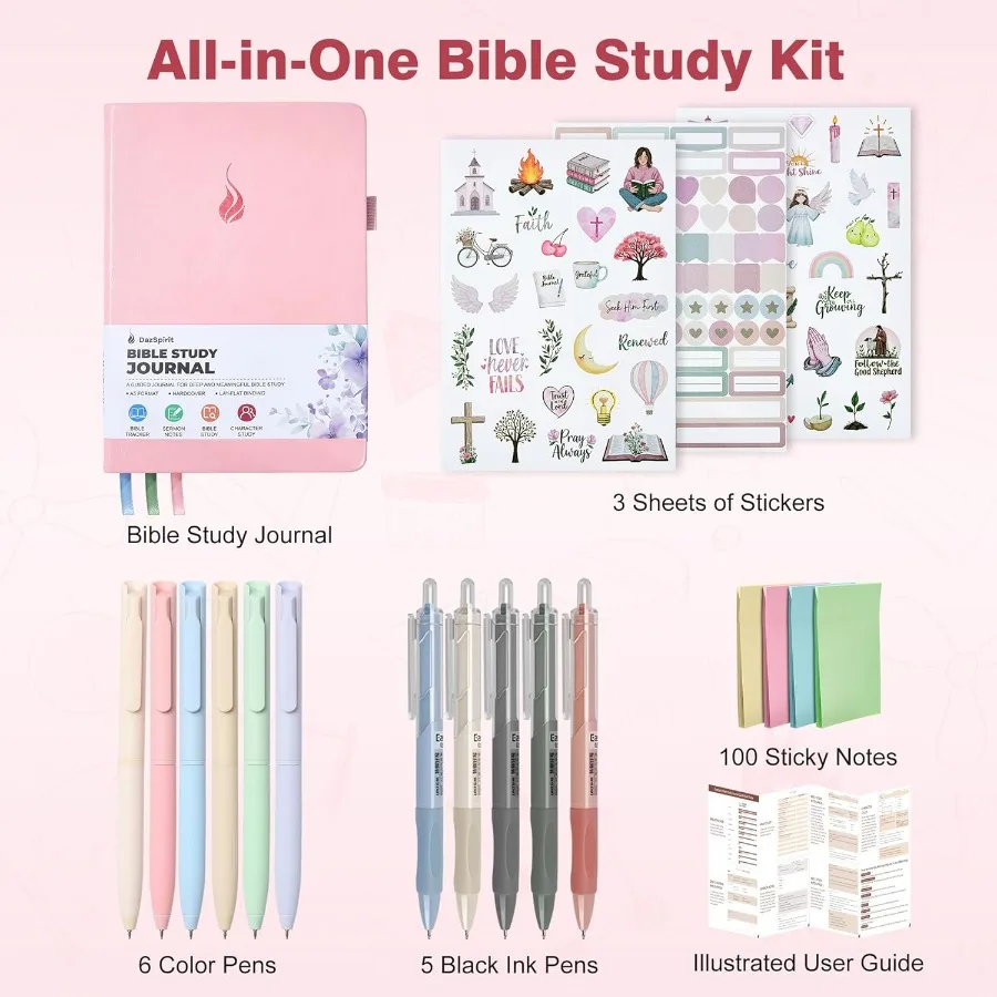 성경 공부 저널 세트 기독교 성경 공부 키트 (가이드형 A5 저널, 펜 11개, 스티커 메모 및 스티커, 묵상, 신앙 기반 선물 포함)
