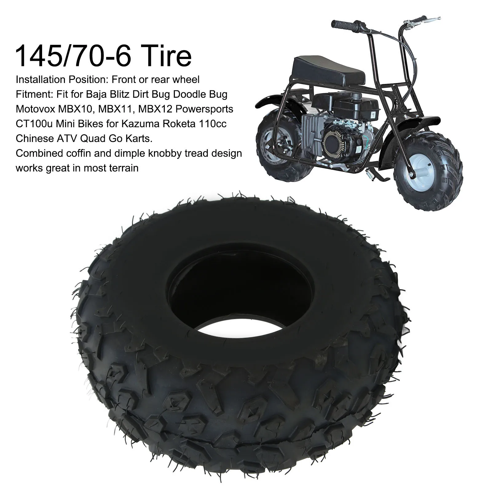 145/70‑6 Tubeless Tire 24PSI Front Rear for Baja Blitz Dirt Bug Doodle Bug Motovox MBX10 ATV Quad 6in Rim ATV Tubeless Tyre
