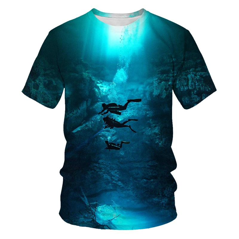 Summer Men\'s Fun Scuba Diving Explore The Underwater 3D Printed Men\'s T-shirt Crew Neck Short Sleeve Loose Top O-Neck T-shirt