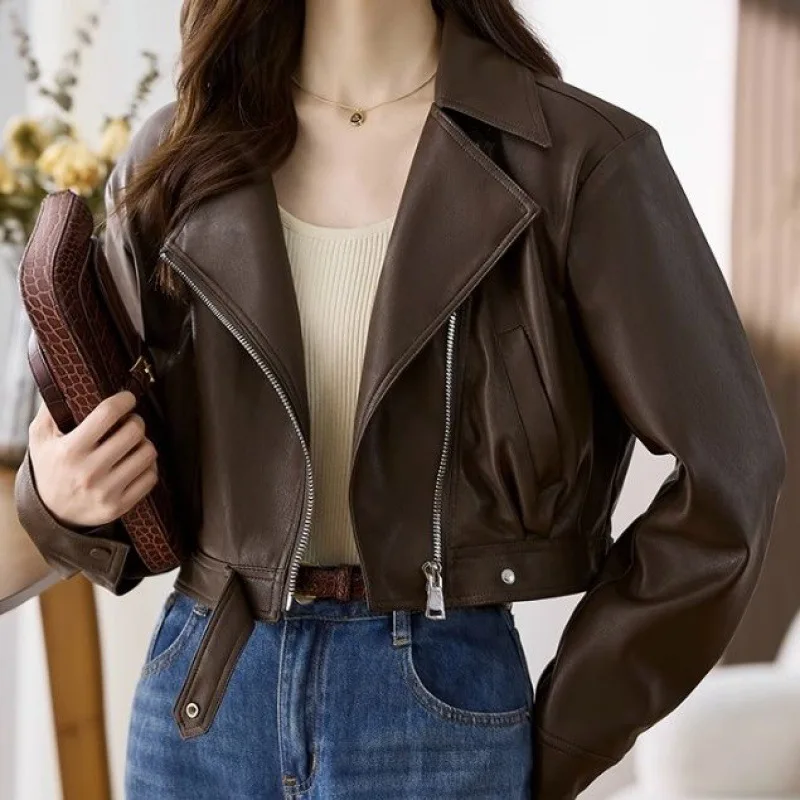 2023 Women Vintage Loose Pu Faux Leather Short Jacket with Belt Streetwear Female Zipper Retro Moto Biker Coat Outwear Tops