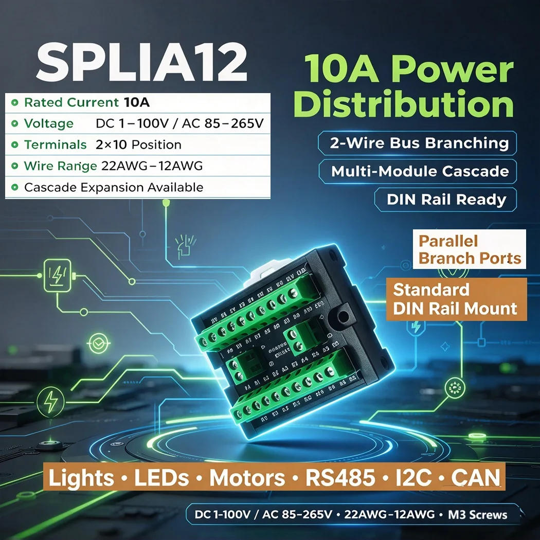 SPLIA12 10A 2 Wire Bus Splitter Power Distribution Module DC1-100V AC85-265V DIN Rail RS485 CAN I2C Terminal Block