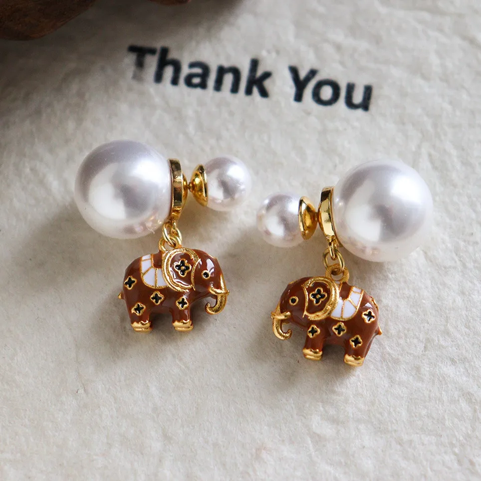 Fashion Women Double Side Pearl Ball Stud Earrings with Enamel Elephant Pendant Luxury Gold Color Female Statement Ear Decoratio