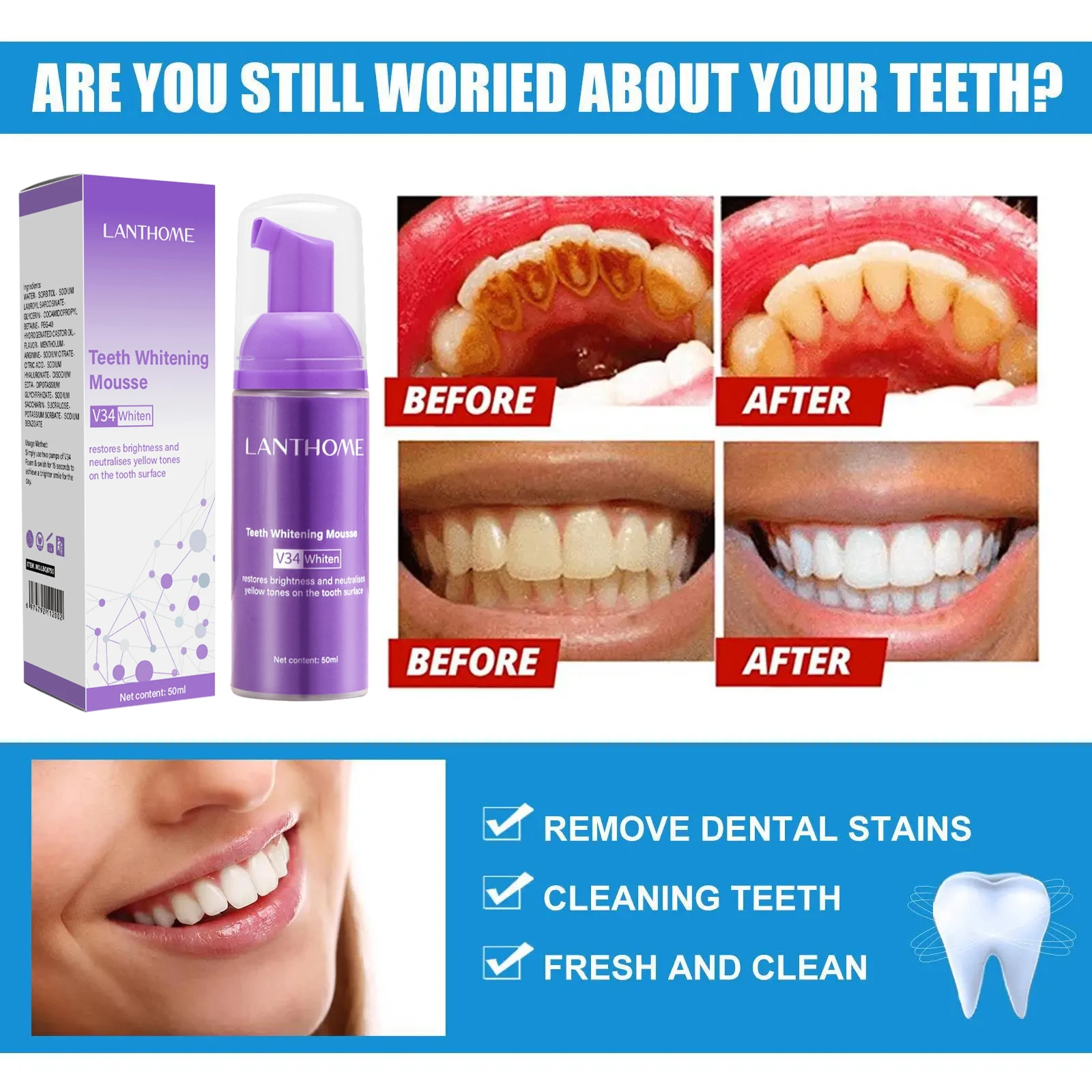 V34 Teeth Whitening Mousse Toothpaste Remove Plaque Stains Cleaning Oral Hygiene Bleaching Dental Tools Fresh Breath Tooth Care