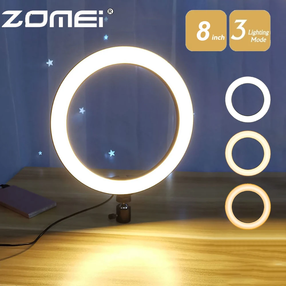 2pcs ZOMEI LED Selfie Ring Light Photography Video Light 6/8 Inch RingLight with Phone Holder with Pan tilt for Live Streaming