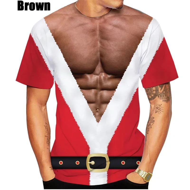 Funny Muscle Graphic T Shirts for Men Happy Christmas Crew Neck Short Sleeve 3D Print Breathable Tees Trend Men Streetwear Tops