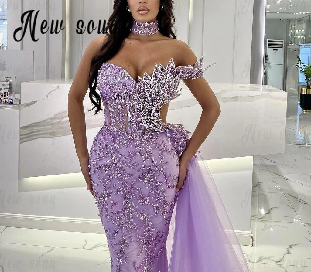 Off Shoulder Lavender Leaf Design Evening Dresses Long Mermaid Wedding Guest Gowns Side Train Formal Party Gowns Arabic Robes