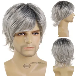 Ombre Grey Wigs for Men Synthetic Hair Short Wig with Bangs Dark Roots Gradient Color Old Man Wig Natural Hairstyles Cosplay