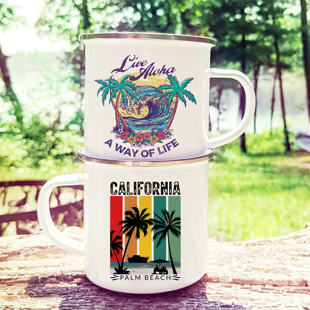 California Plam Beach Printed Mug Camping Enamel Mugs Adventure Campfire Party Beer Cup Mountain Handle Cups Gifts for Camper
