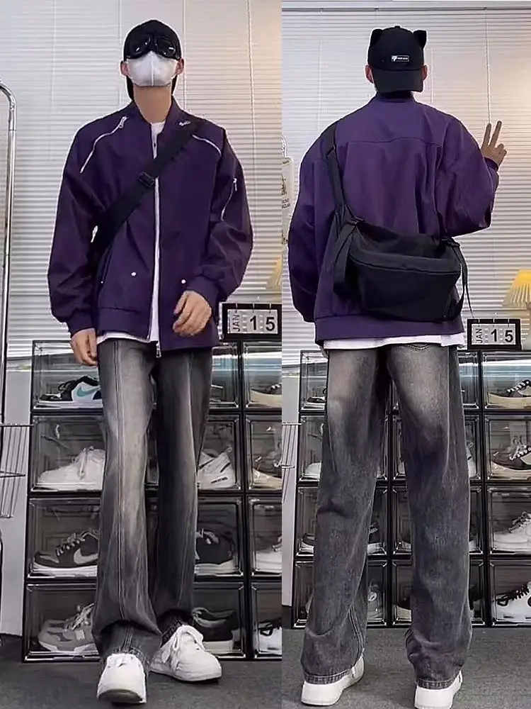 

Men's Autumn Winter Large Size Zipper Pilot Jaet High Street Baseball Sle ort Coat Loose Fit Color Blo Casual Jaet