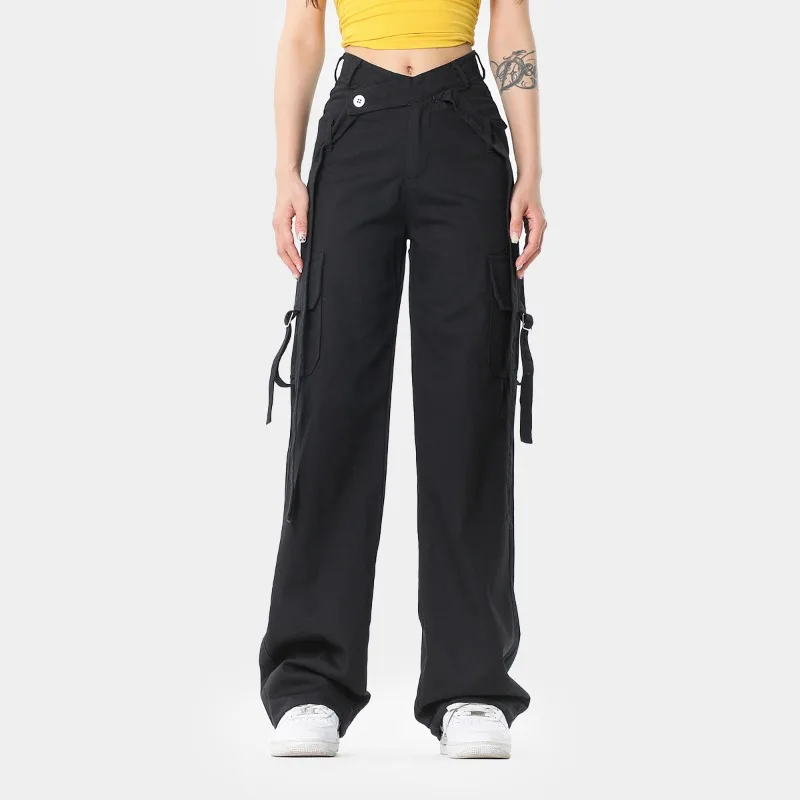 OR FL Trendy Brand Personality 100 Cotton Women Cargo Trousers Ribbon Decoration Cross Waist Seal Japanese style Staraight Pants