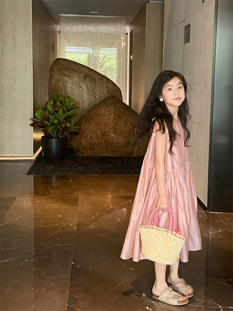 

New Fashion Girl Summer Dress Baby Classic A-Line Dress Child Casual Silky Sleeveless Long Dress Toddler Girl Dresses Size 4-14Y