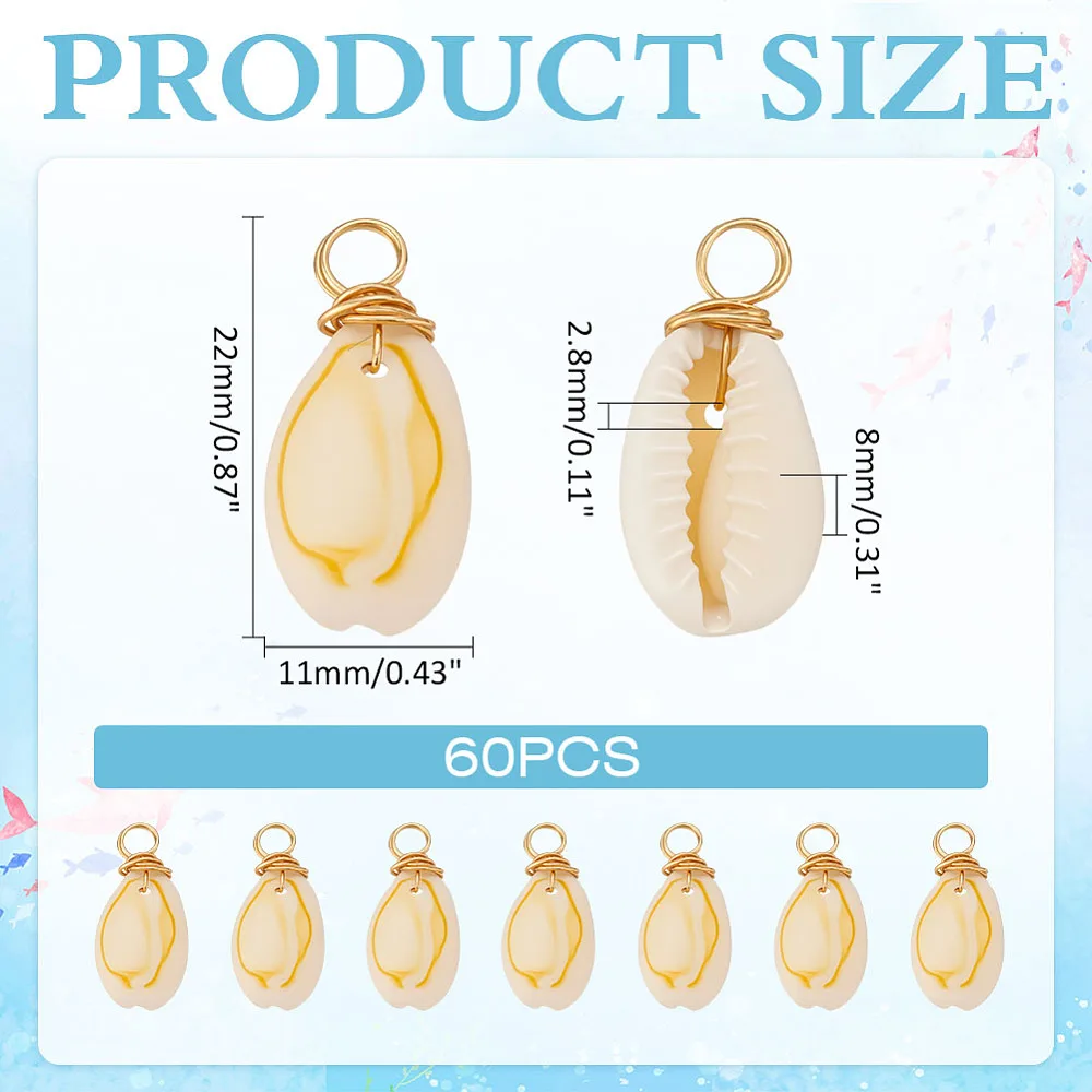 60Pcs Cowrie Shell Dyed Pendants with Brass Wire Loops Shell Shape Charms Golden 22x11x8mm Hole: 2.8mm