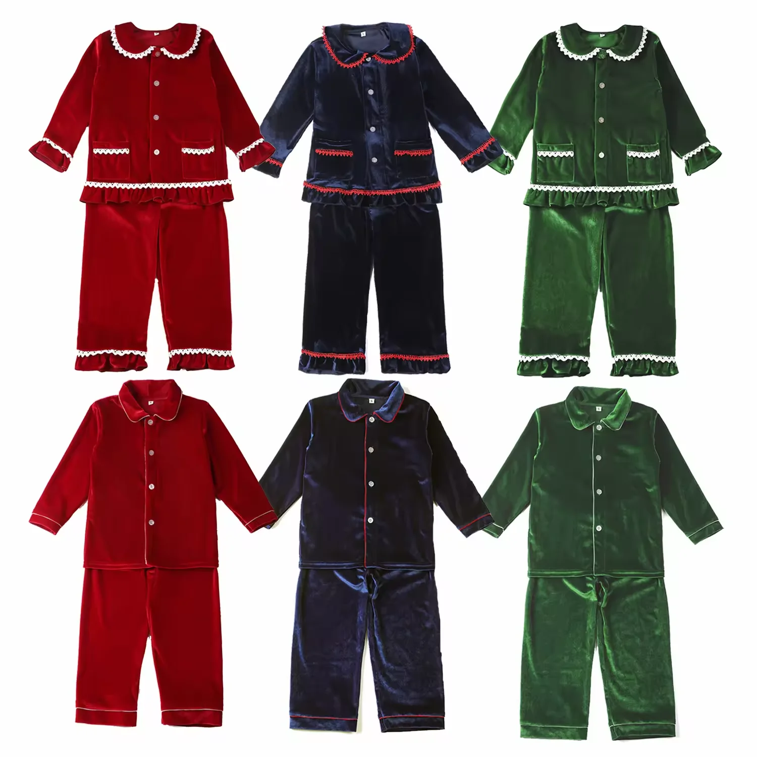 Christmas Kids Sibling set Pajamas Baby Clothes Family Matching Red Navy Green Velvet Boys And Girls Ruffle Pyjamas Sets