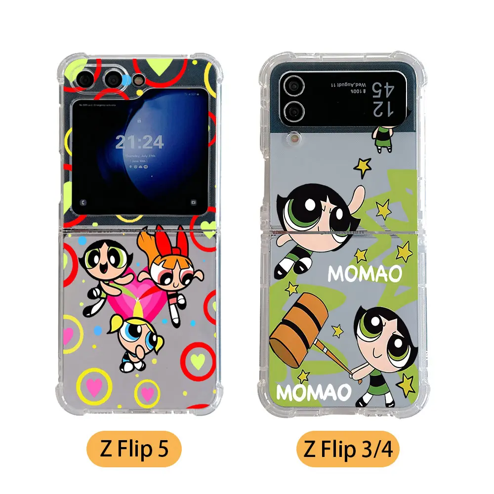 Cartoon The P-Powerpuffs Girls Phone Case for Samsung Galaxy Z Flip 3 4 Z Flip 5 6 Z Fold 4 5G PC Soft Anti-fall Back Cover