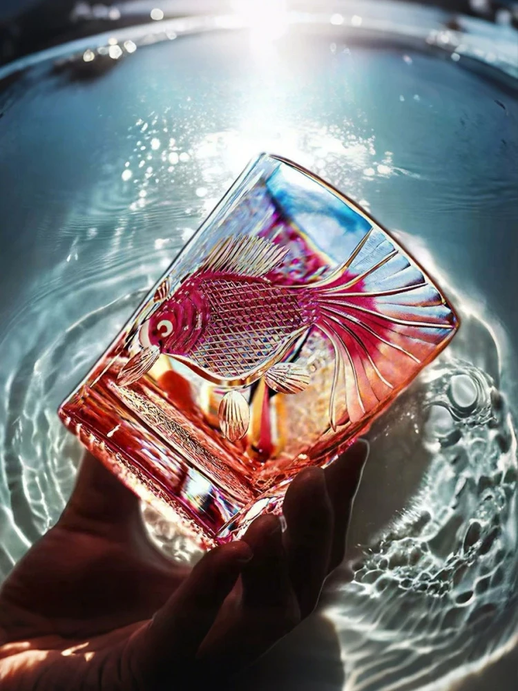 Pink Edo Kiriko Whiskey Glass Handmade Goldfish Pattern Artistic Drinkware Wineglass Vaso Whisky Grabado Vidrio Gifts For Wife