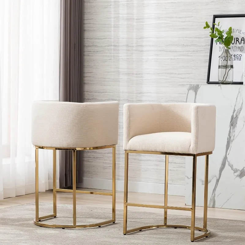 Contemporary Cream Linen Bar Stools Set of 2, 29\