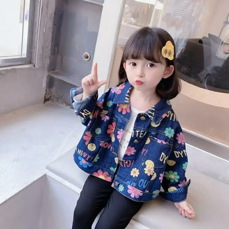 

Jackets Jeans Kids Denim Jackets Girls Flowers Top Clothes for Children 3 4 5 6 7 Years Children Outerwear