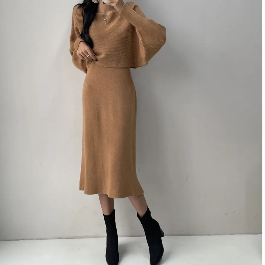 Autumn Winter Knitting Two Piece Sets Womens Outfit Office Ladies Elegant Solid Bat Sleeve Loose Pullover Sweater+vest Dress Set