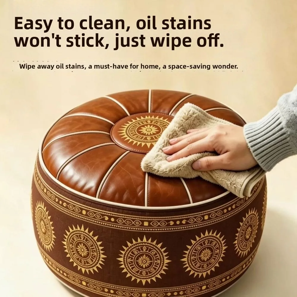 PU Leather Round Ottoman Stool Fillable Geometric Bird Pattern Storage Ottoman Pouf Round Shape Vintage Style Padded Seat