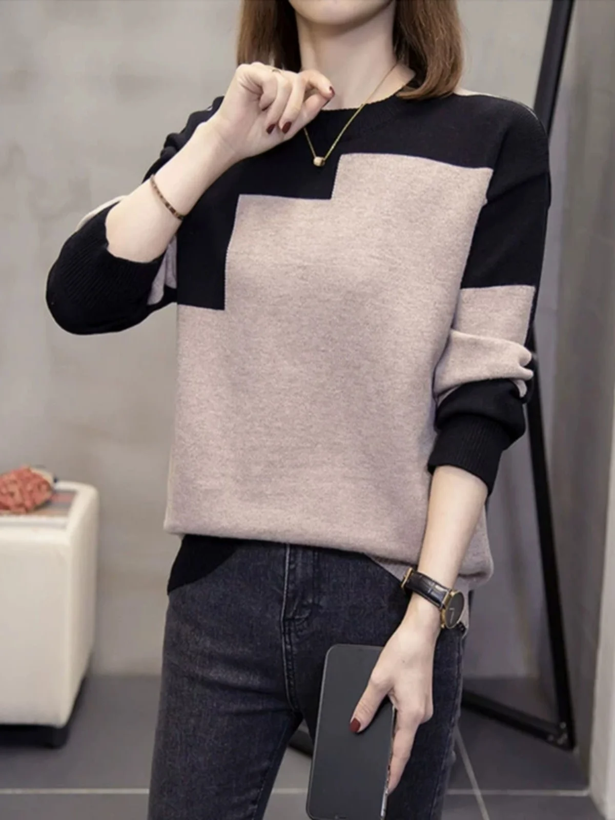 

Stylish Color Block Knitwear Autumn New Arrival plus Size Women's Top Belly Covering Slimming Long Sleeve round Neck Sweater