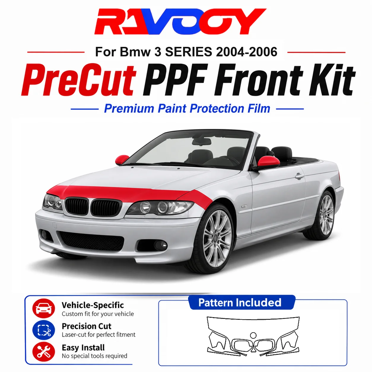 

8.5mil TPU Precut PPF Kit For BMW 3 SERIES 2004-2006 - Hood, Fenders & Mirror Set - Self-Healing Clear Bra Film