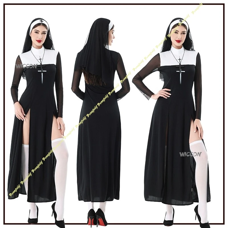 

Костюмы для косплея для взрослых, ролевые игры, сексуальный крест, монахиня, карнавальное представление, платье для девочек и женщин, носки, одежда для сцены, Рождества, Хэллоуина