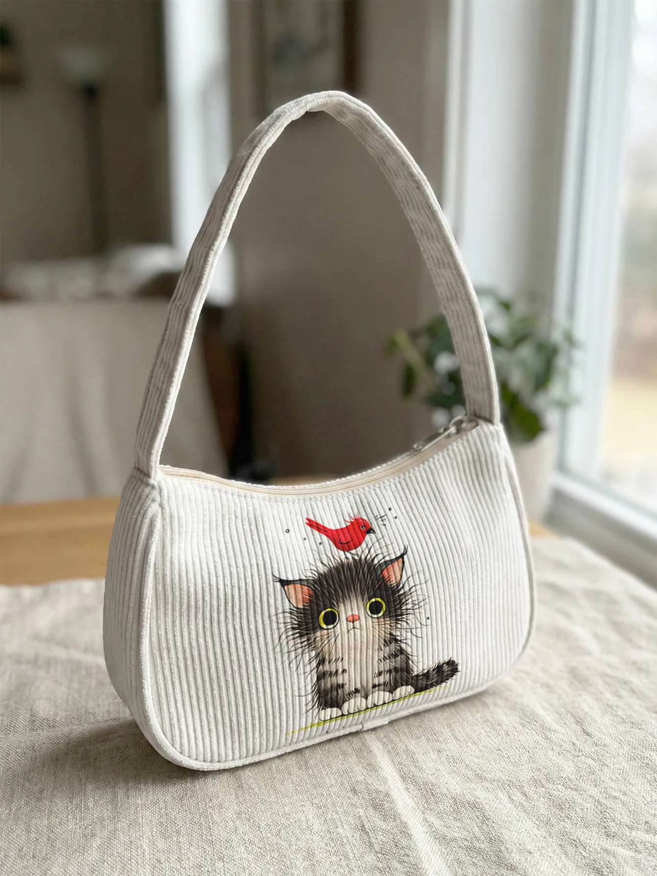 

Модная милая сумка через плечо с принтом кошки табби и красной птицы, очаровательная белая вельветовая сумка на плечо
