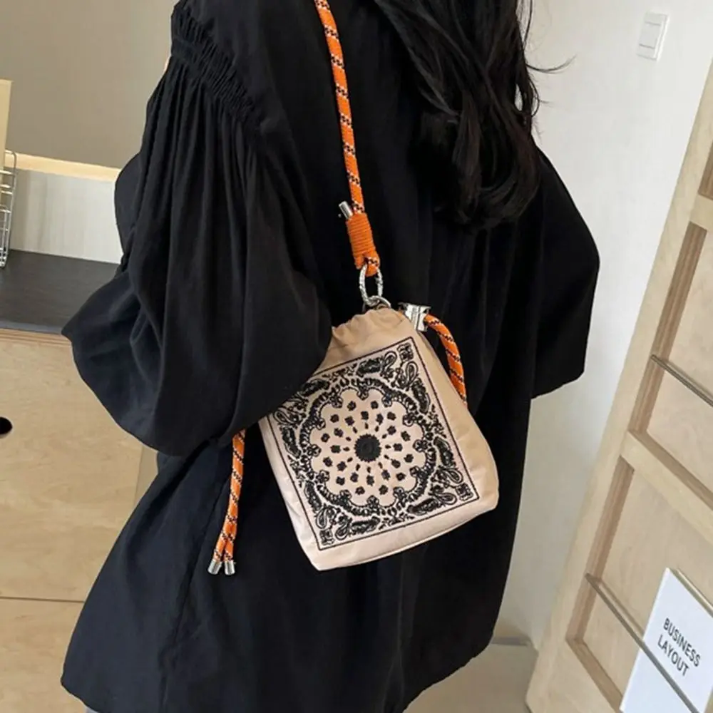

Cashew Flower Embroidery Drawstring Bag Korean Style Crossbody Bag Nylon Shoulder Bag Wallet Bucket Bag Mobile Phone Bag Girls