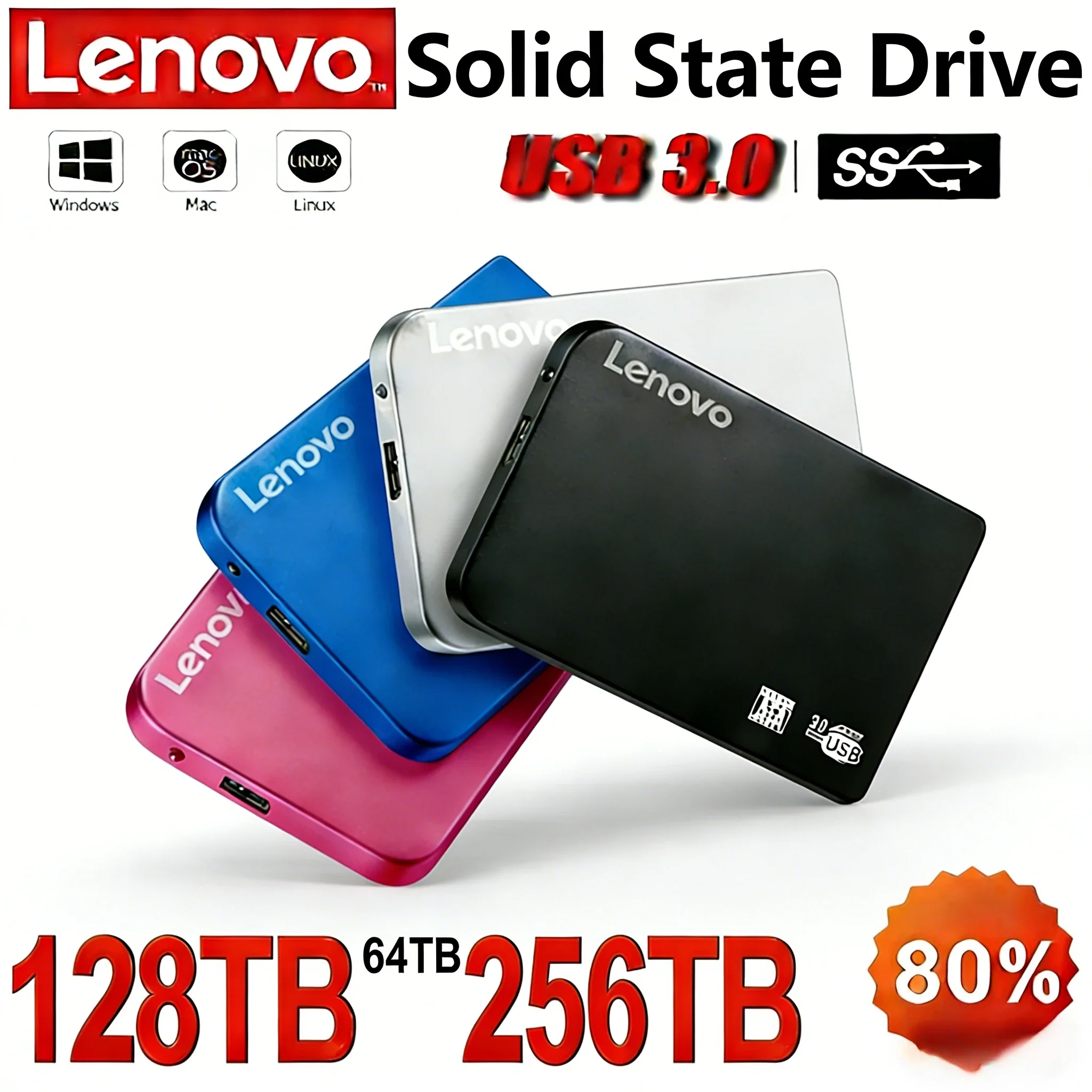 

Портативный SSD-накопитель Lenovo с USB 3.0, высокоскоростной передачей данных, большой емкостью от 2 ТБ до 64 ТБ, обеспечивающий огромную объемную память.