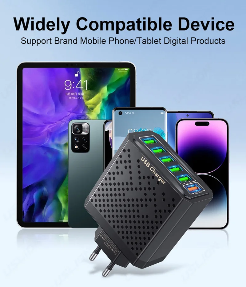 6-in-1 Multi Port Charging Head 5v3a Fast Charging Head Qc3.0 Quick Charging For Samsung S23 Xiaomi Eu/kr/us/uk Adapter Plug