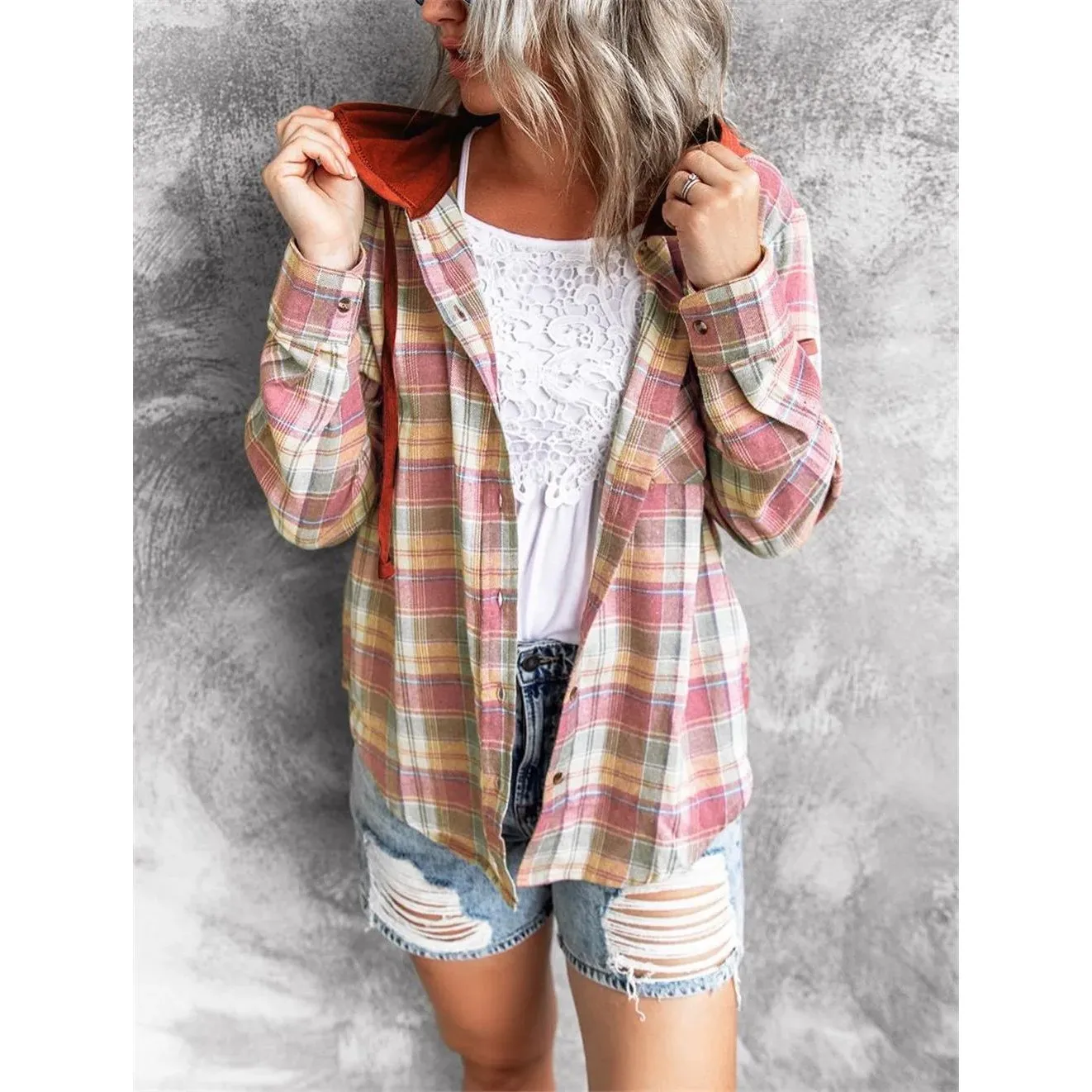 Felpa da donna con colletto scozzese autunnale con cappuccio e top in maglia di lino alla moda Dstring per abbigliamento casual da donna