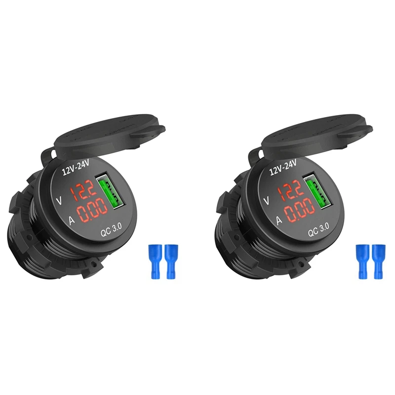 2X 12V / 24V Fast Charging 3.0 Car Cigarette Lighter Socket USB Charger LED Voltmeter Ammeter Black & Red